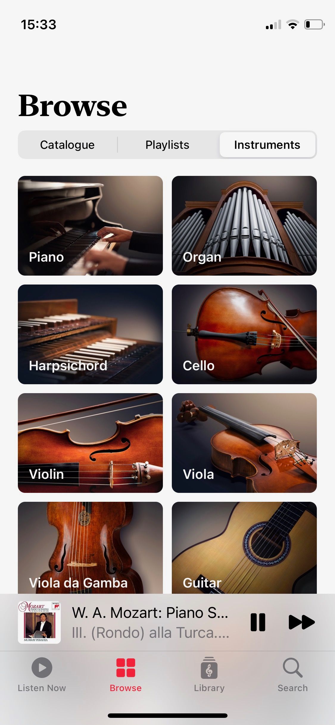 Screenshot of Apple Music Classical Browse by Instrument