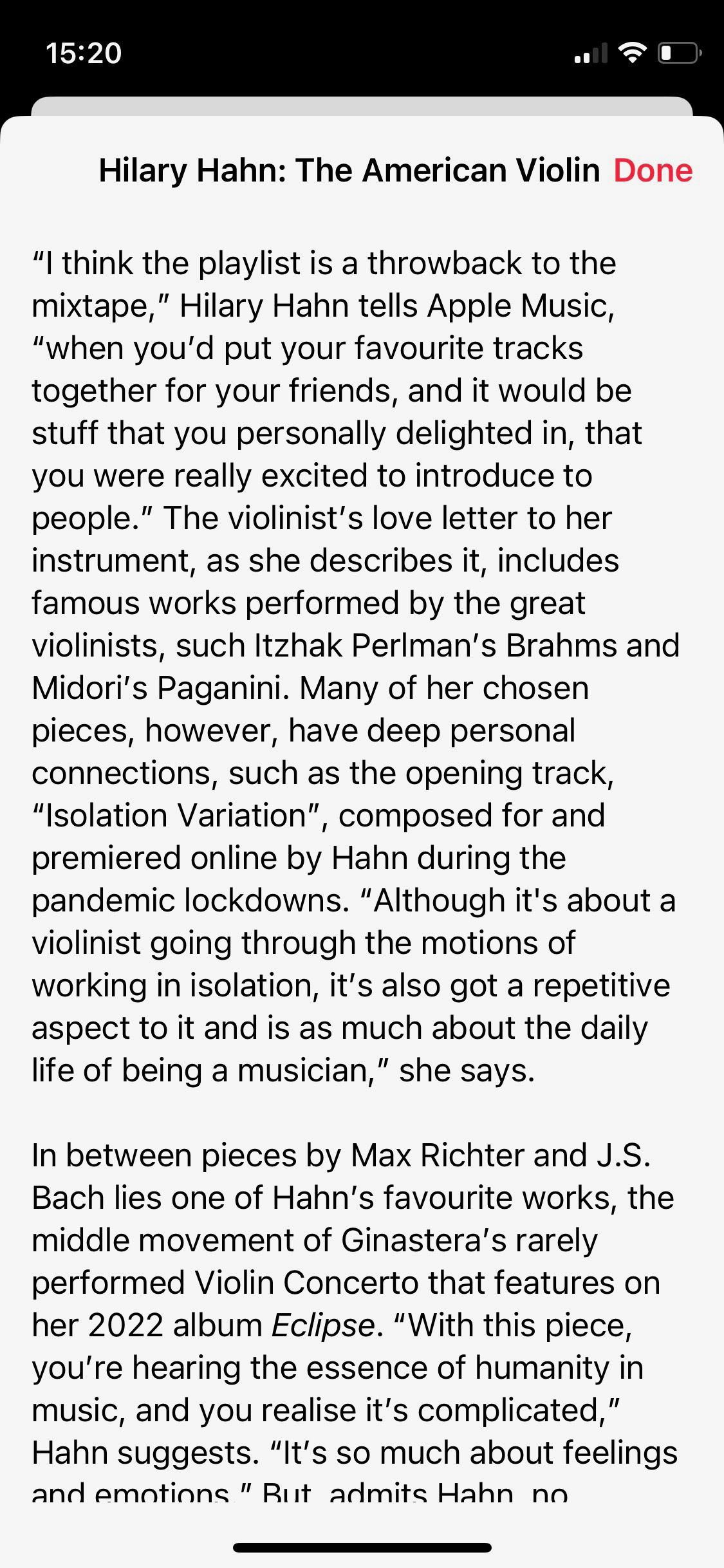 Screenshot of Apple Music Classical Curated collection by Hilary Hahn