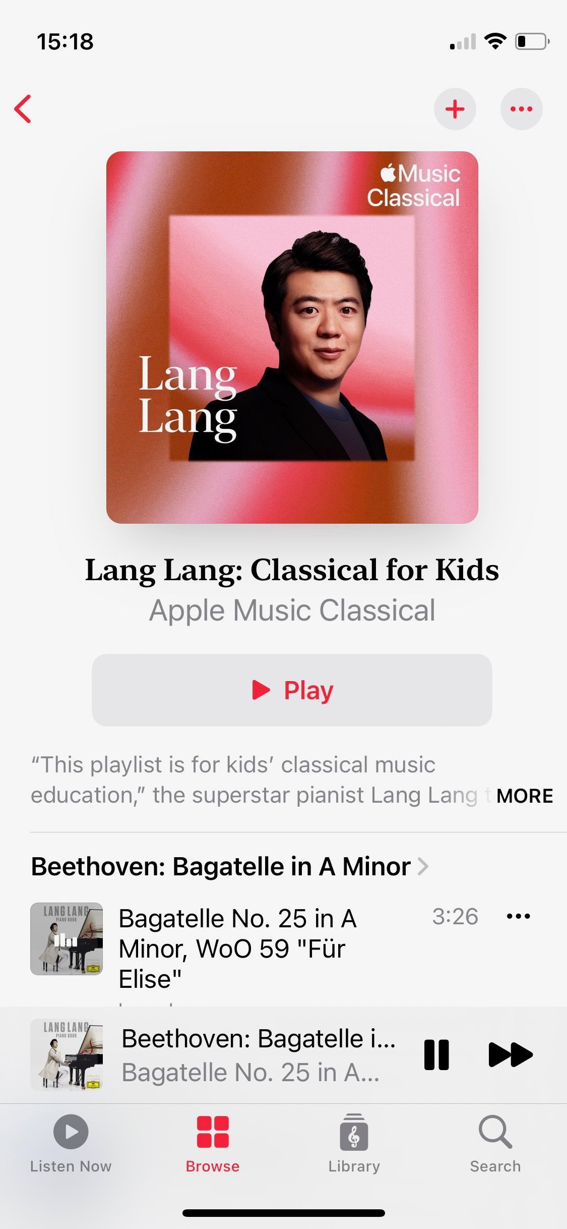 Screenshot of Apple Music Classical Curated collection by Lang Lang