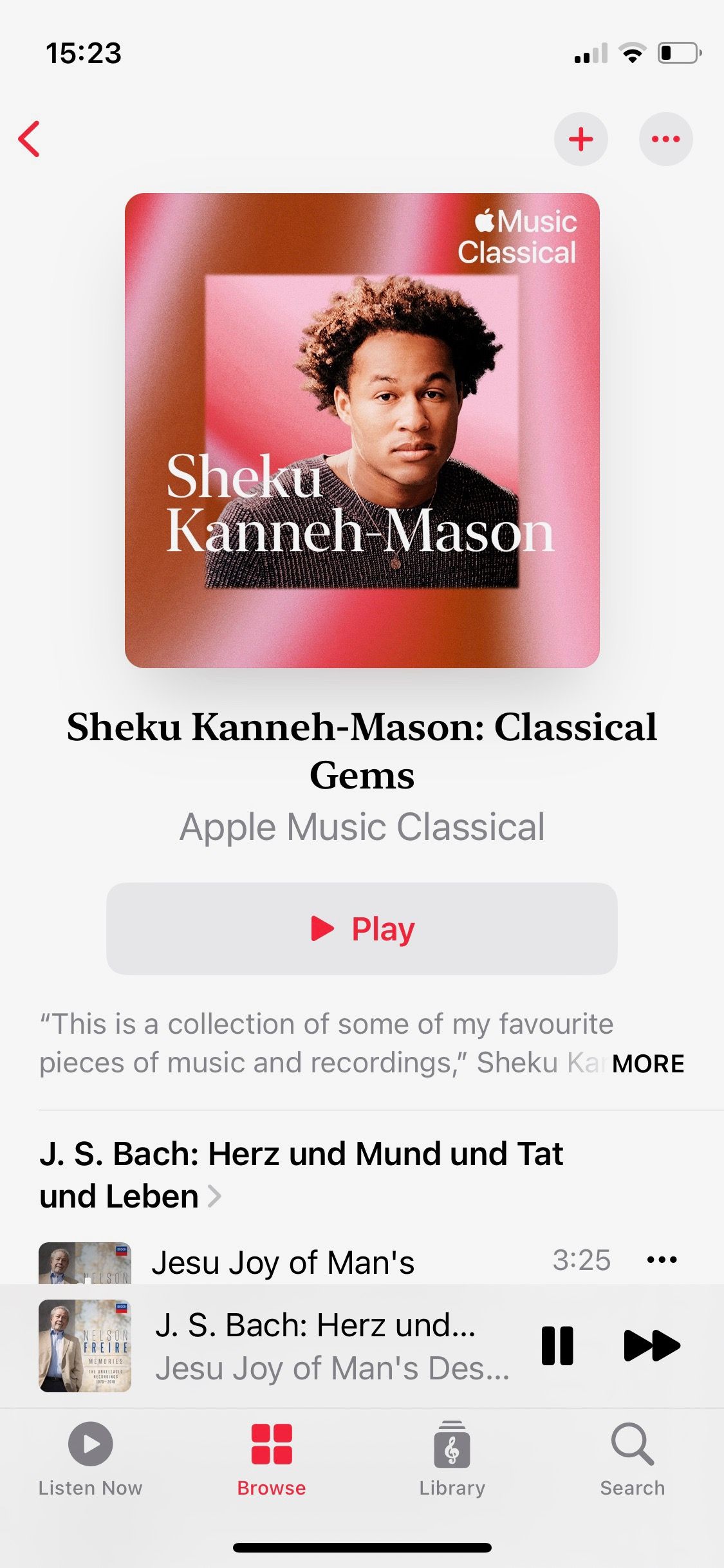 Screenshot of Apple Music Classical Curated collection by Sheku Kanneh-Mason