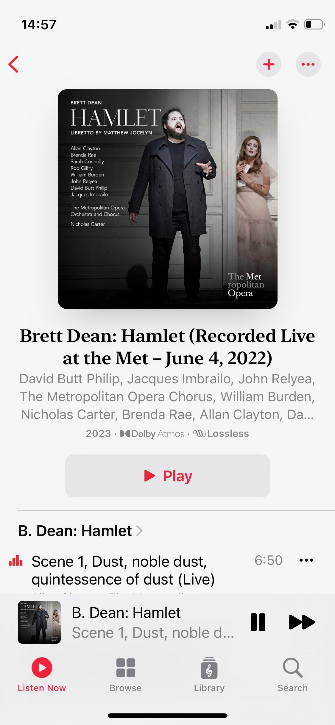 Screenshot of Apple Music Classical exclusive album Brett Dean Hamlet
