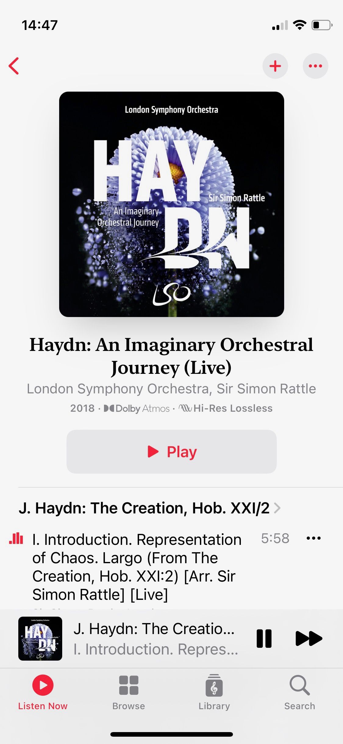Screenshot of Apple Music Classical Haydn LSO album in Spatial Audio