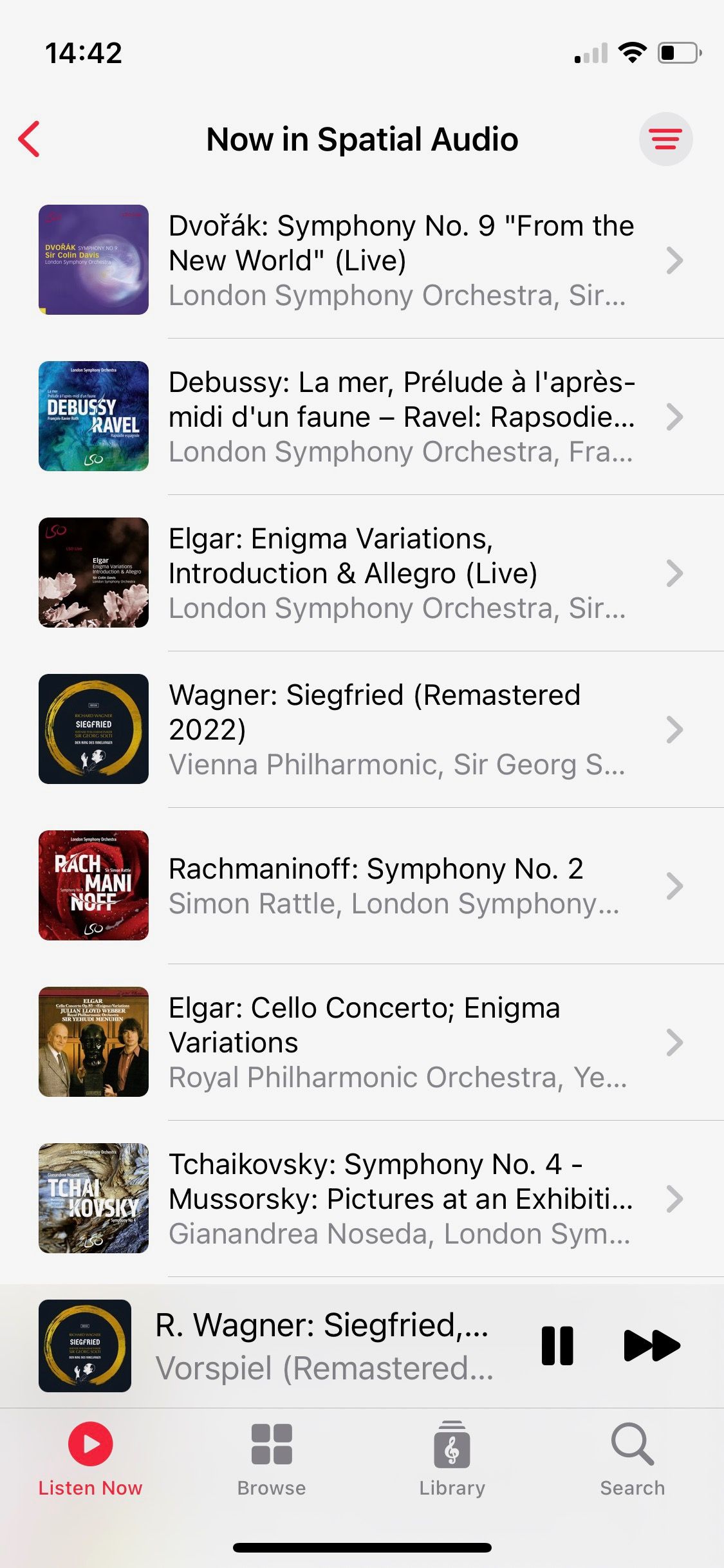 Screenshot of Apple Music Classical Now in Spatial Audio section