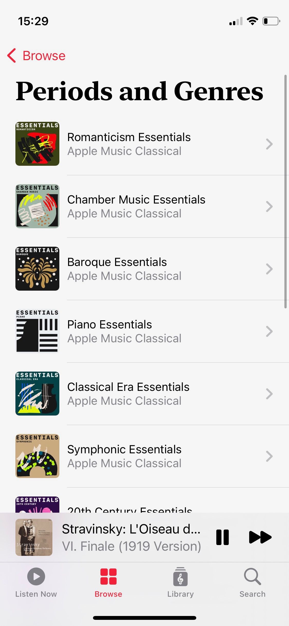 Screenshot of Apple Music Classical Periods and Genres Essentials