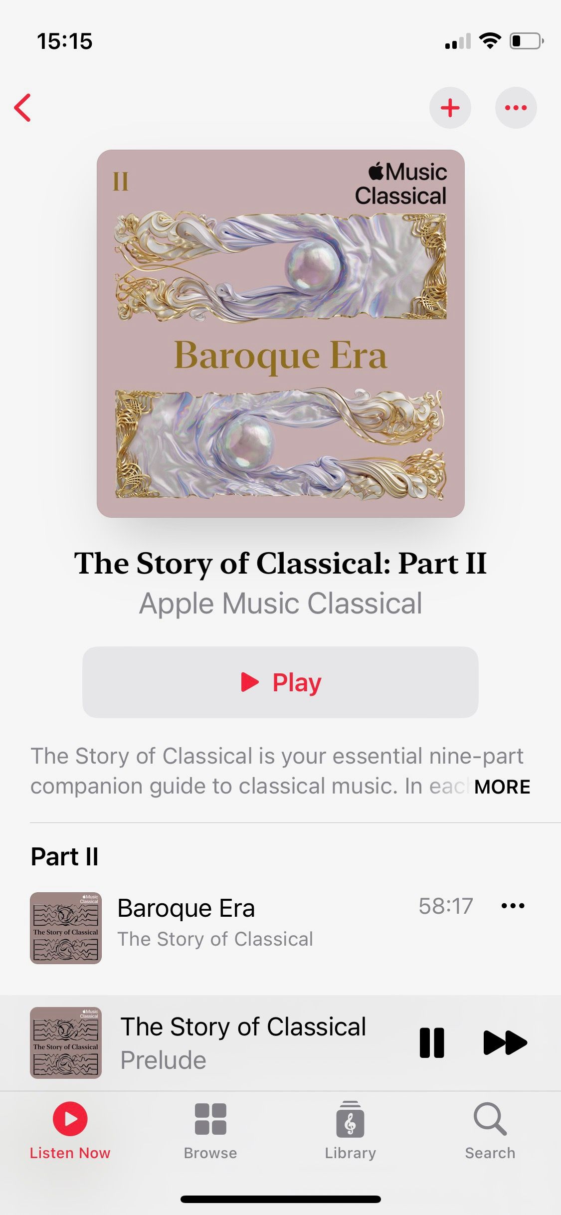 Screenshot of Apple Music Classical The Story of Classical series Part II Baroque