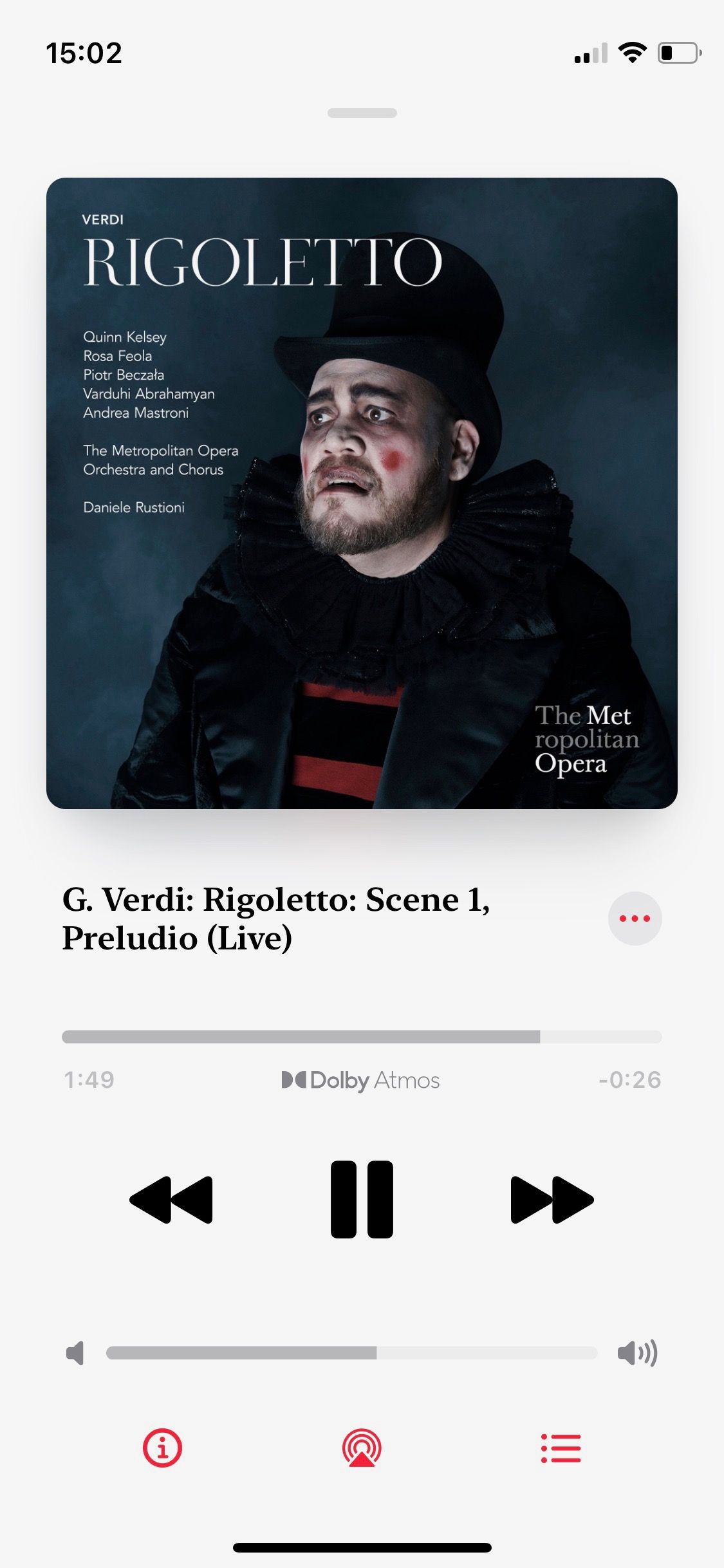 Screenshot of Apple Music Classical Verdi Rigoletto play screen