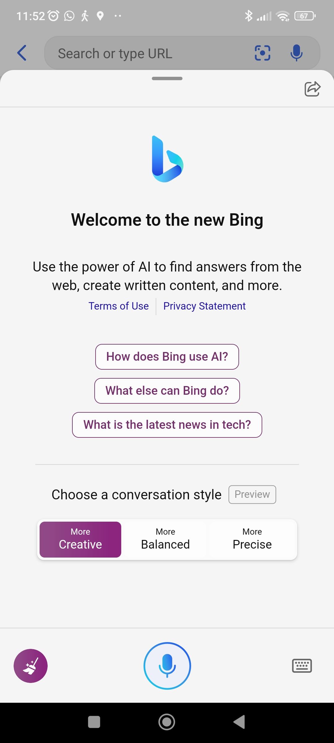 Screenshot of Bing Chat Opening Screen