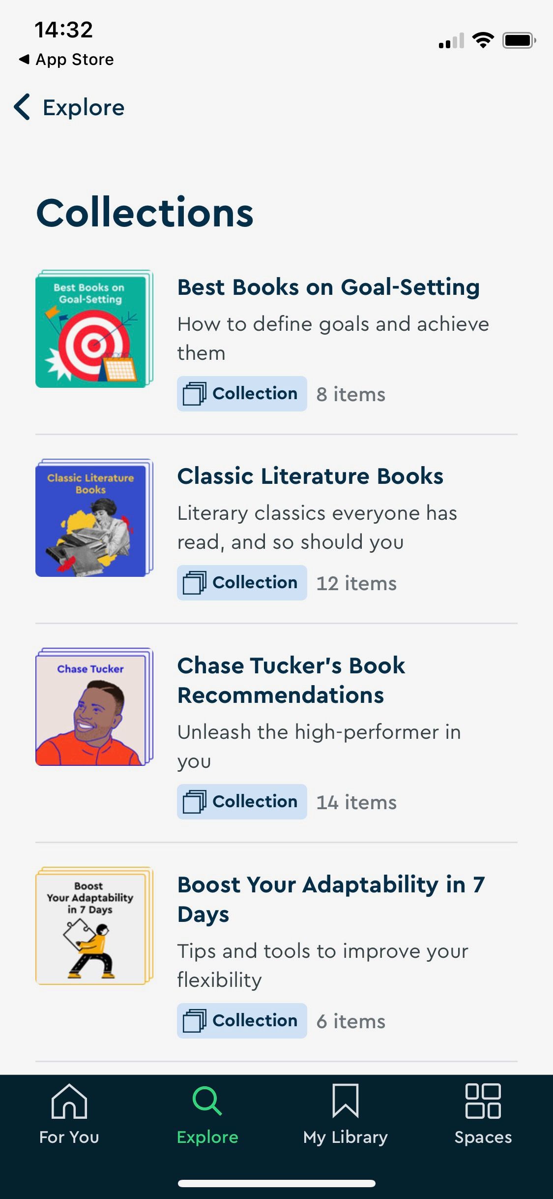 Screenshot of Blinkist app Collections