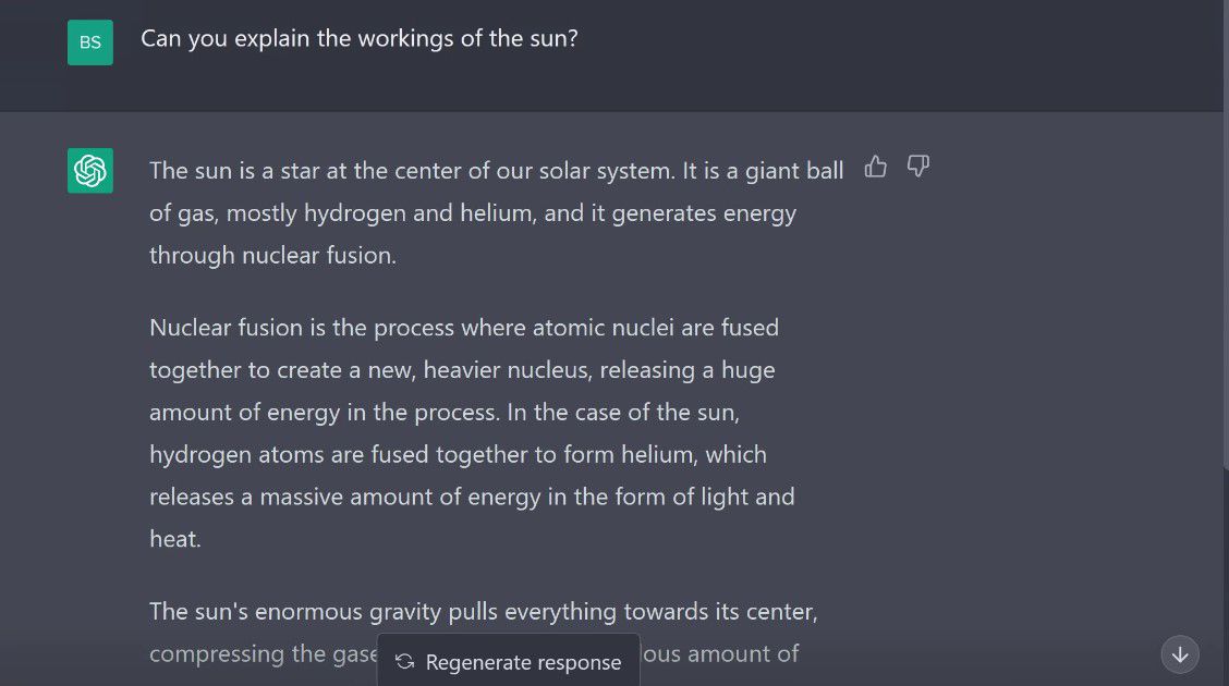 Screenshot of ChatGPT response to an unframed question about the sun