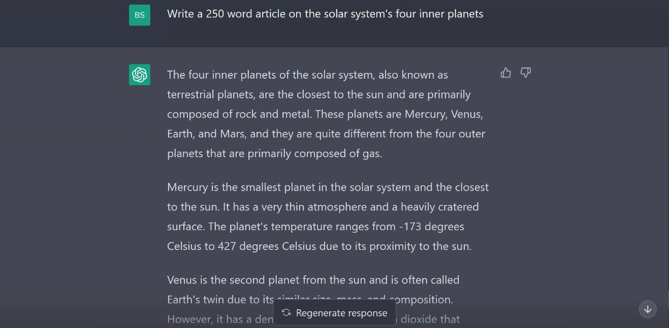 Screenshot of ChatGPT response to basic solar system article request