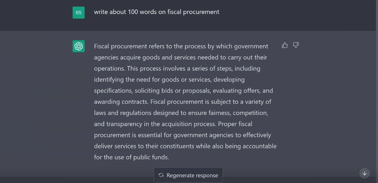 Screenshot of ChatGPT response to write 100 words on fiscal procurement