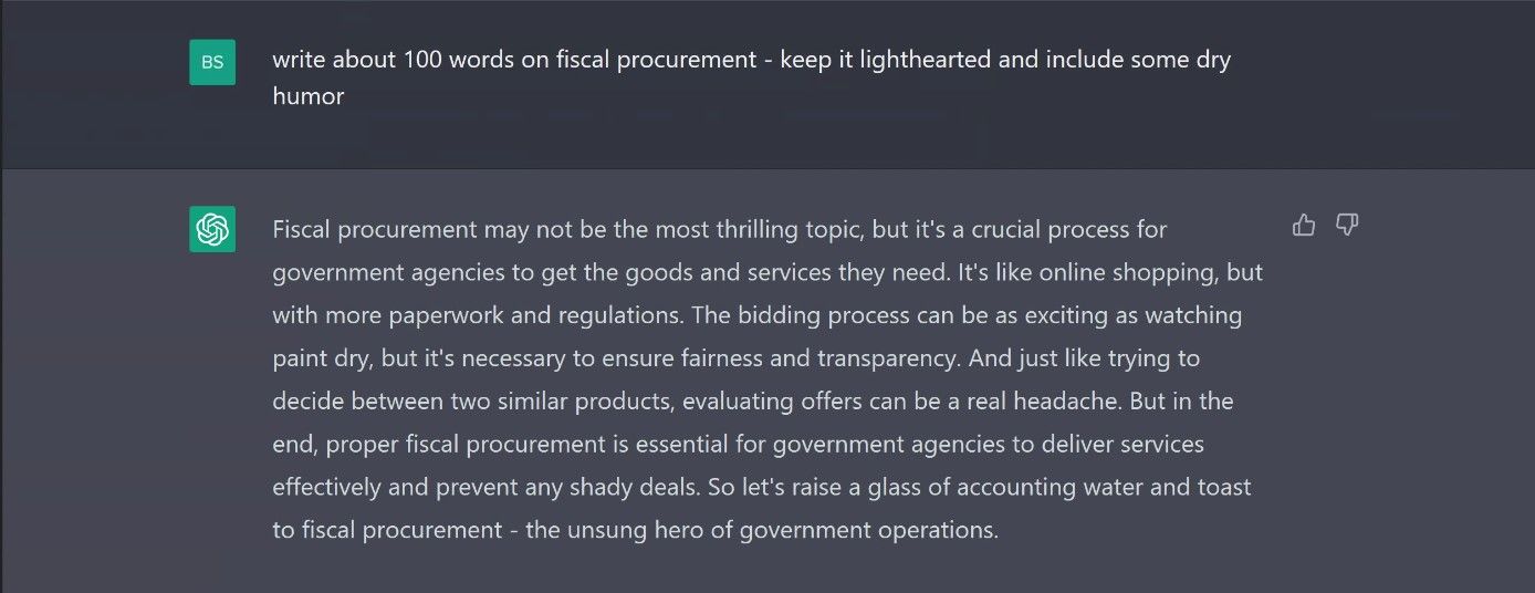Screenshot of lighthearted ChatGPT response on Fiscal Procurement