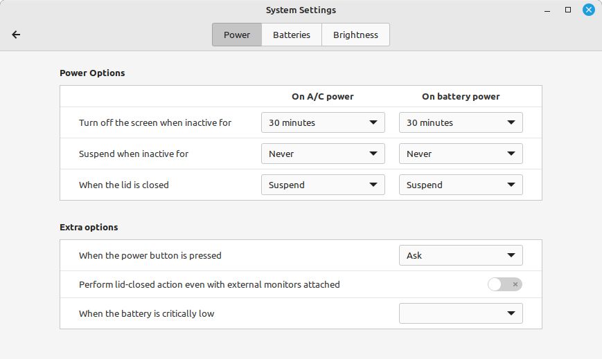 Screenshot of Linux Power Settings