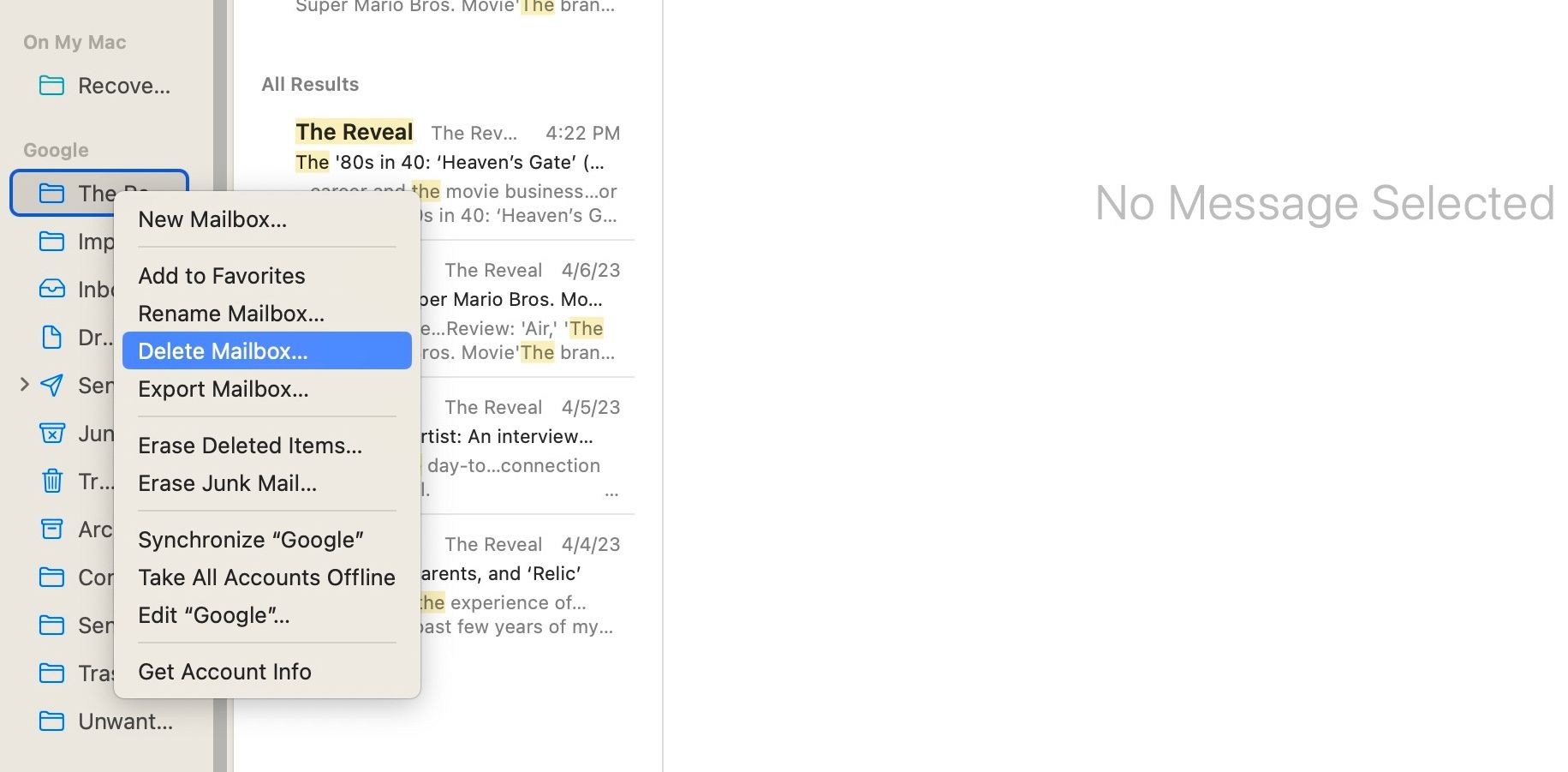 Ảnh chụp màn hình của Apple Mail trong macOS