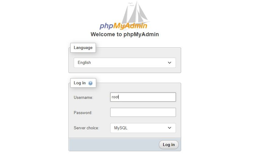 Tangkapan layar halaman login phpMyAdmin