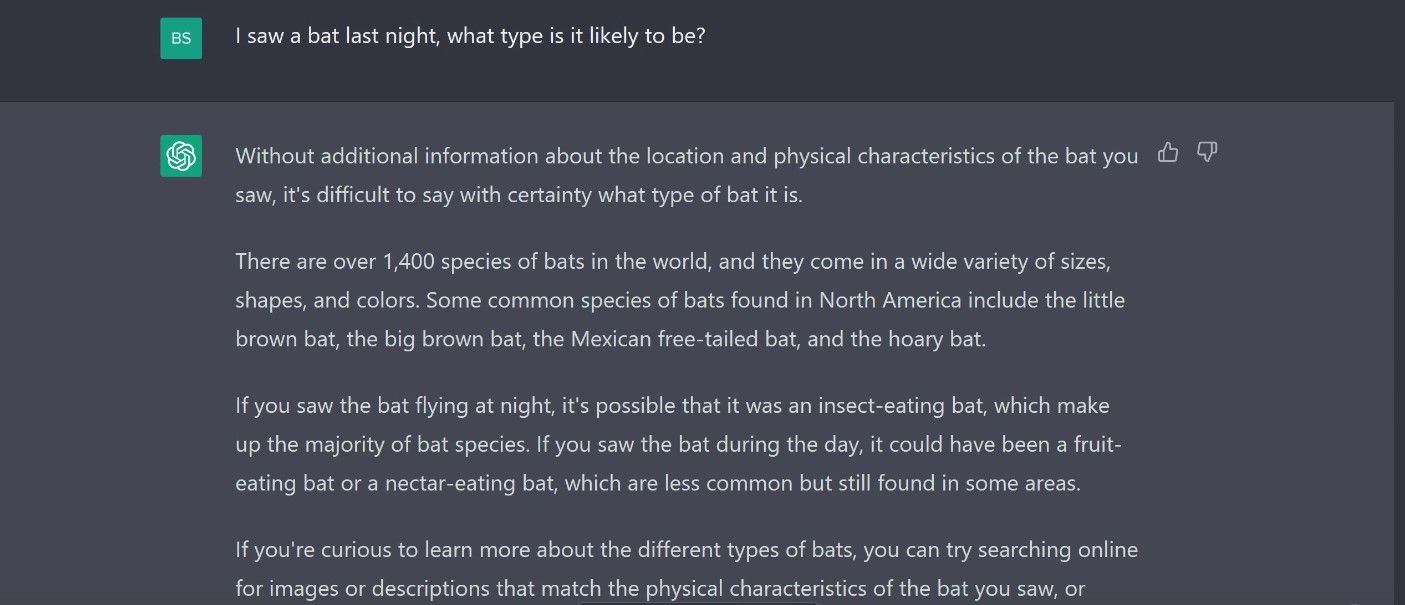 Screenshot of question about bats