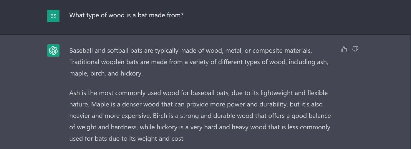 Screenshot of question about what type of wood is a bat made from
