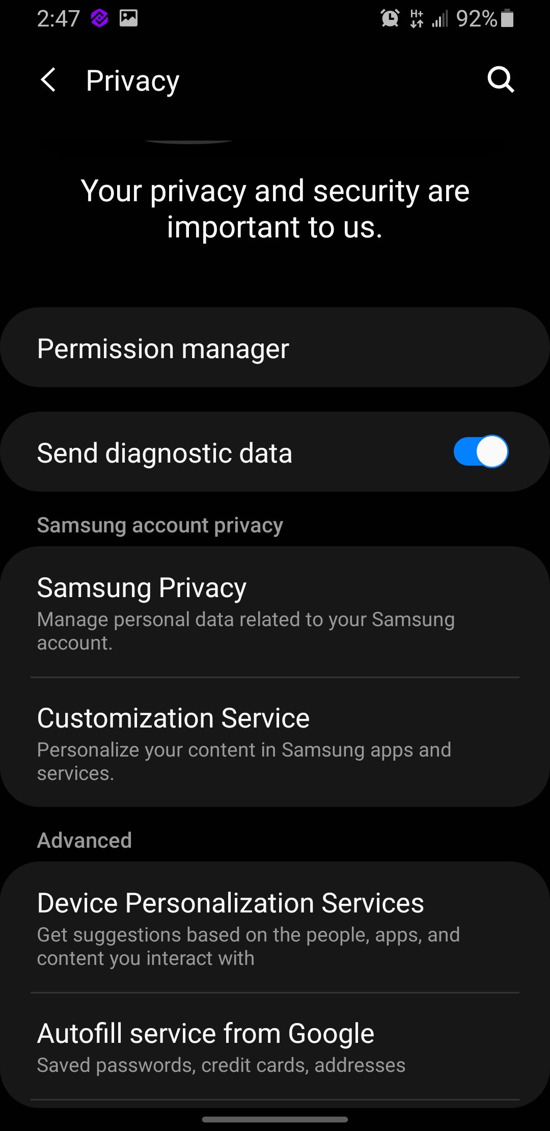 Screenshot of Samung Privacy Settings