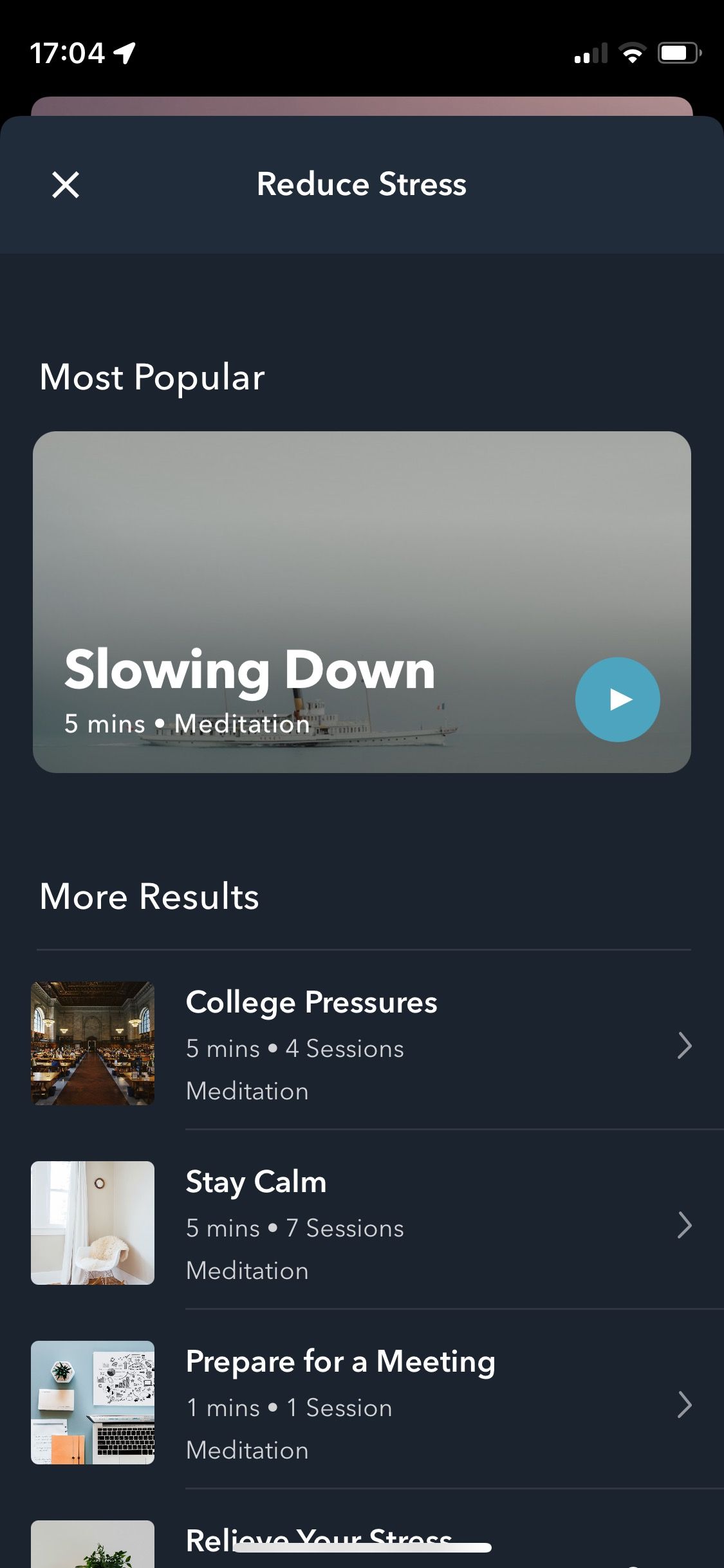 Screenshot of Simple Habit app showing stress reducing meditations