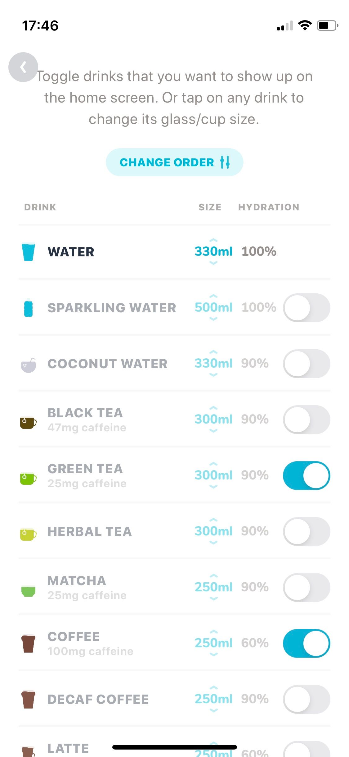 Screenshot of Waterllama app showing drink recording
