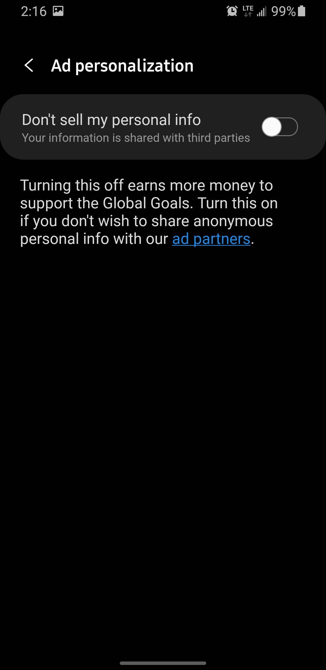 Screenshot of Samsung Global Goals Ad Personlization Settings