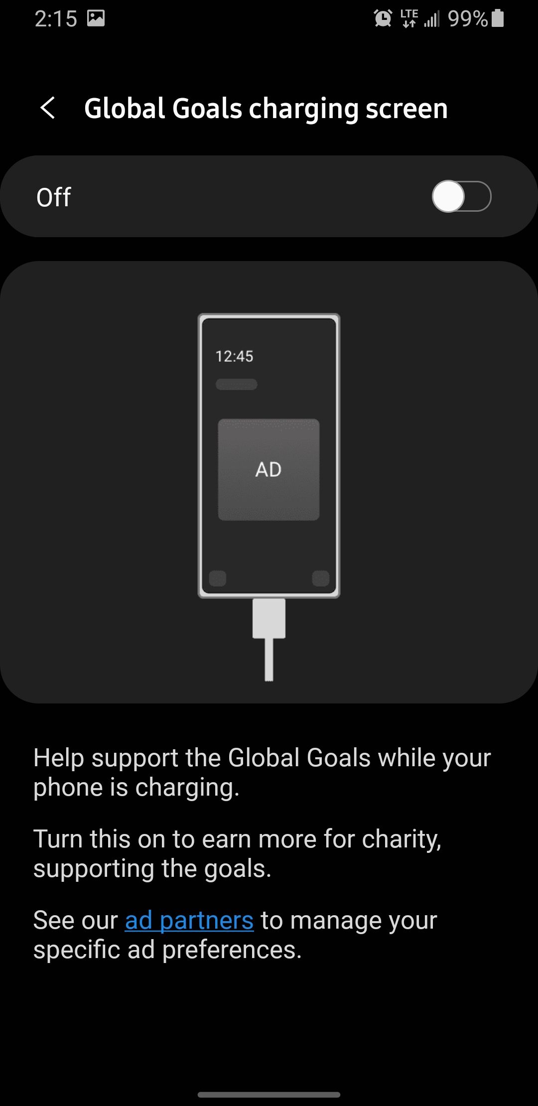 Screenshot of Samsung Global Goals Charging Screen Settings