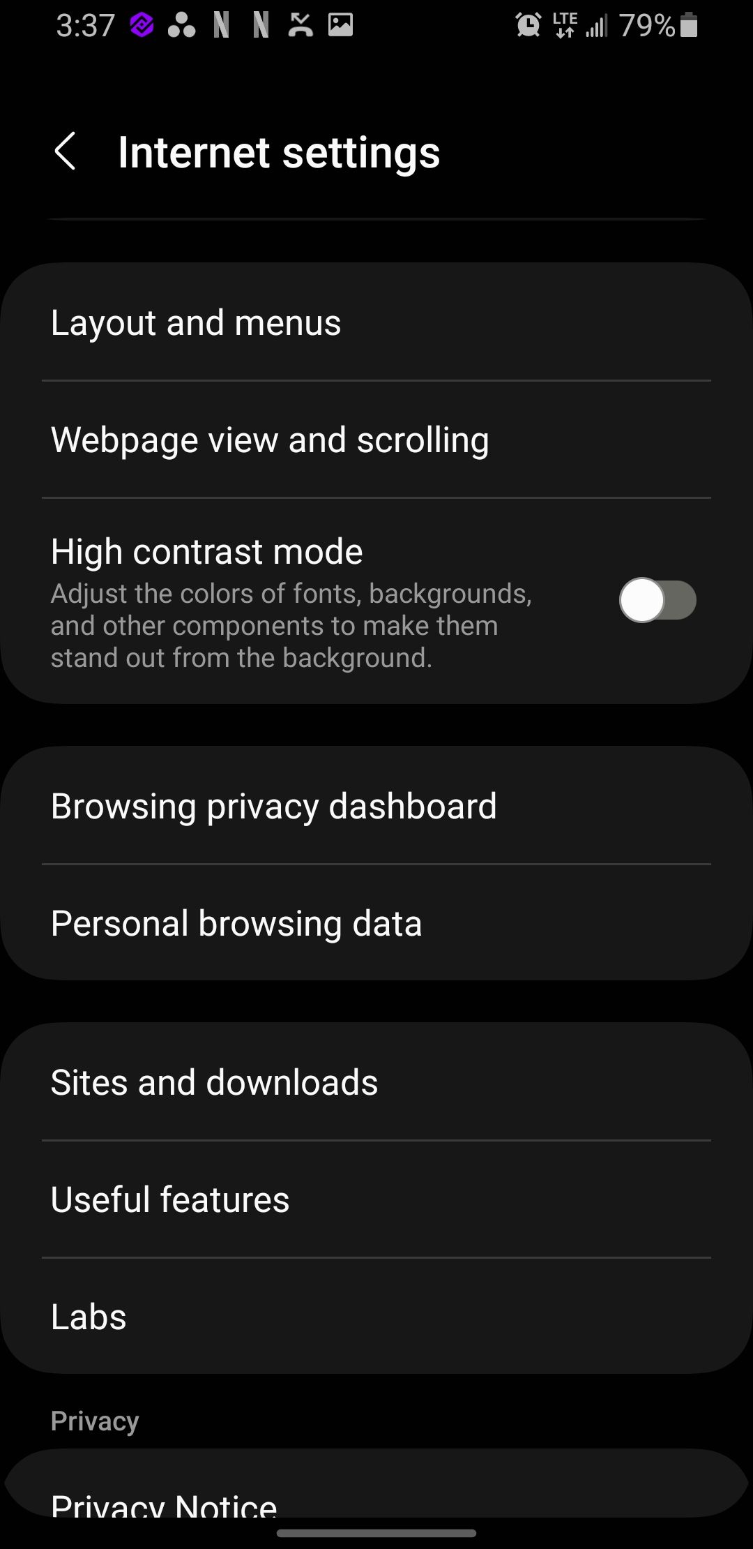 Screenshot showing browsing privacy dashboard on Samsung Internet