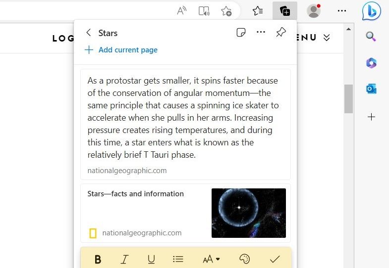 Screenshot Showing Collections on Microsoft Edge