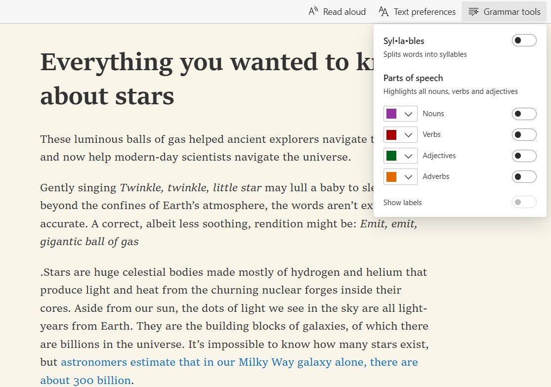 Screenshot Showing Grammar Tool Options On Microsoft Edge Immersive Reader