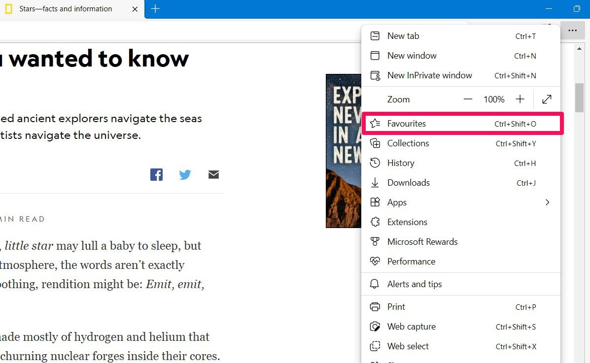 Screenshot Showing How to Locate the Favorites bar in Microsoft Edge