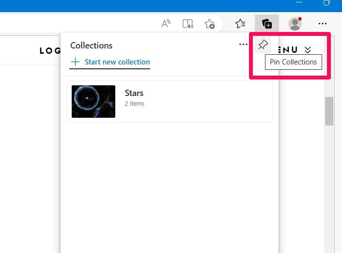Screenshot Showing How to Pin The Collections Tab to the Sidebar on Microsoft Edge