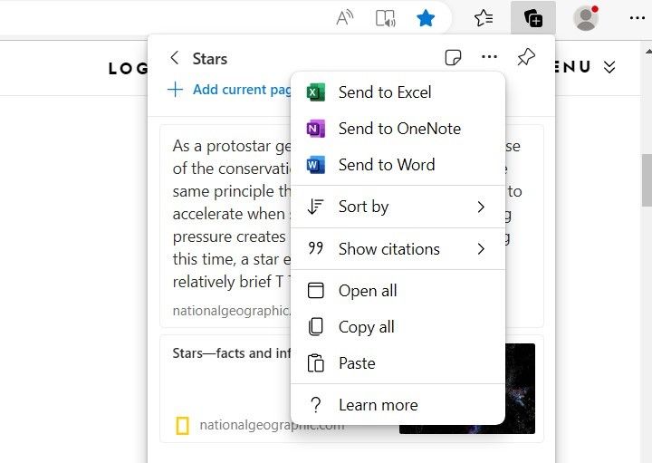 Screenshot Showing Quick Actions on the Microsoft Edge Collections Menu