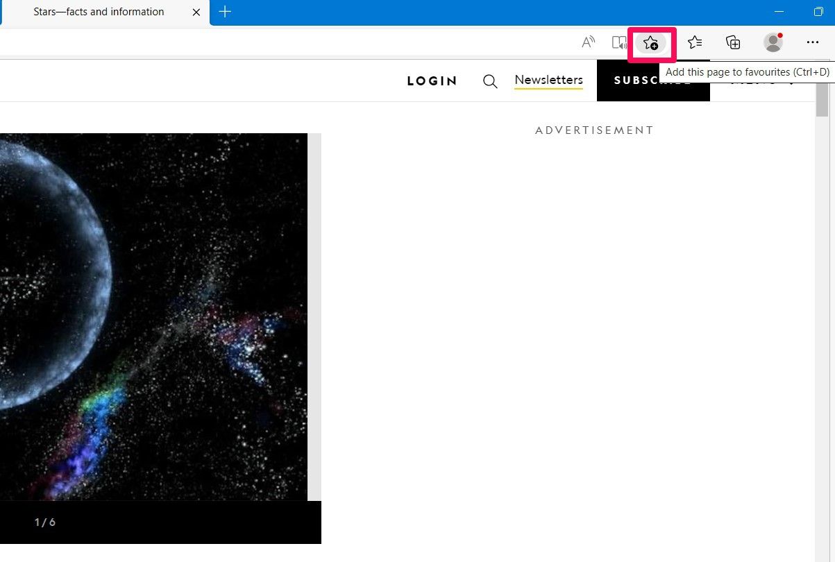 Screenshot Showing the Favorites Icon on Microsoft Edge