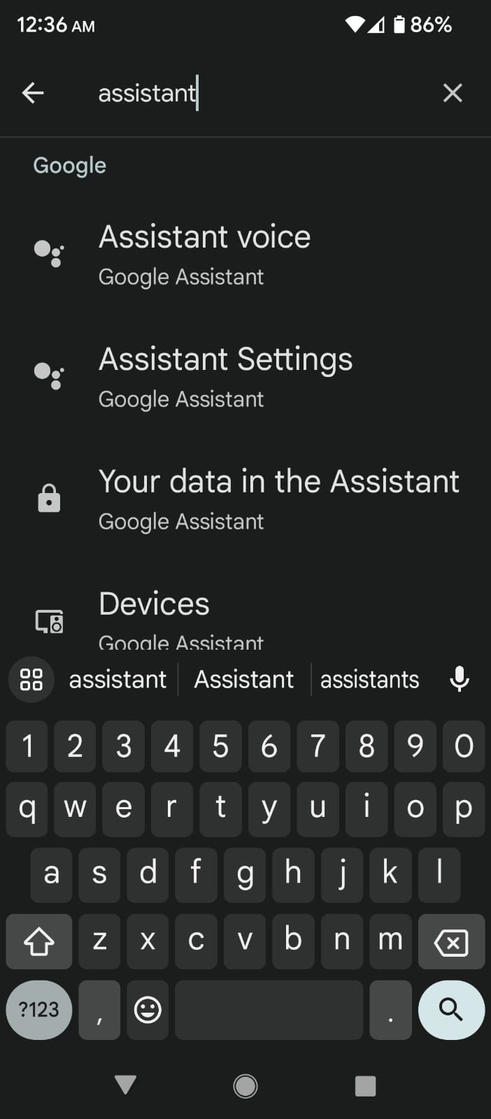 Searching for Assistant settings in Android system settings