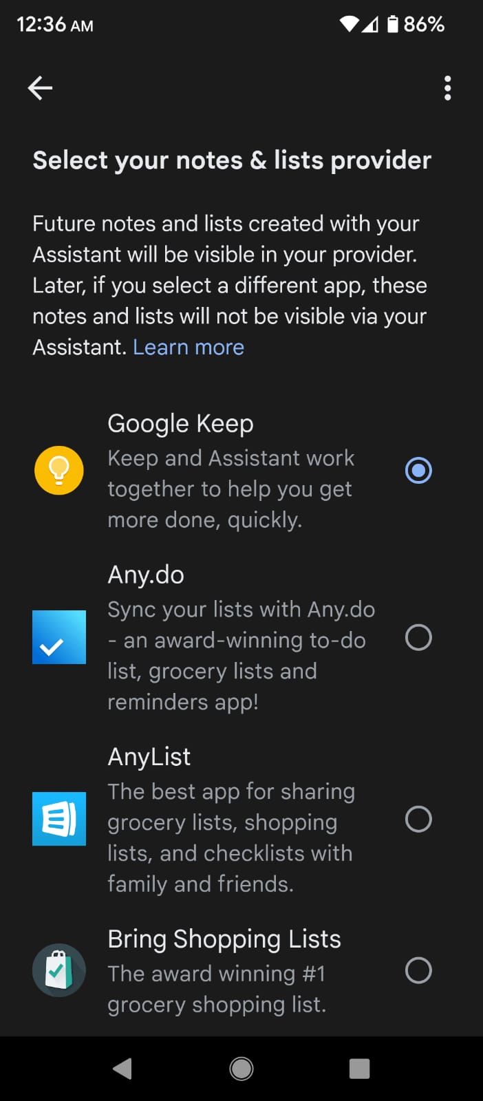 Selecting Google Keep as the notes and lists provider for Assistant