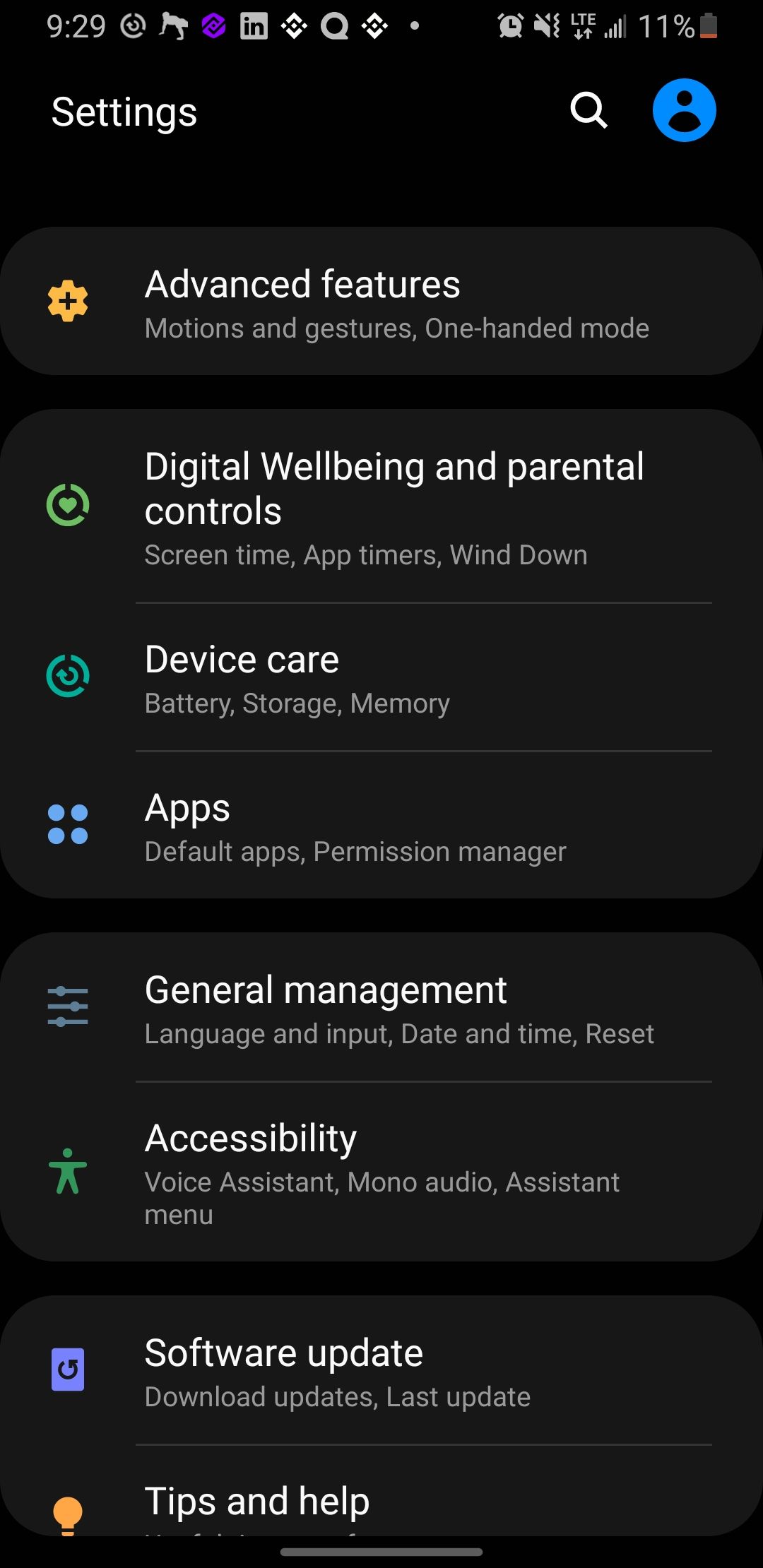 Screenshot of Samsung Galaxy Settings