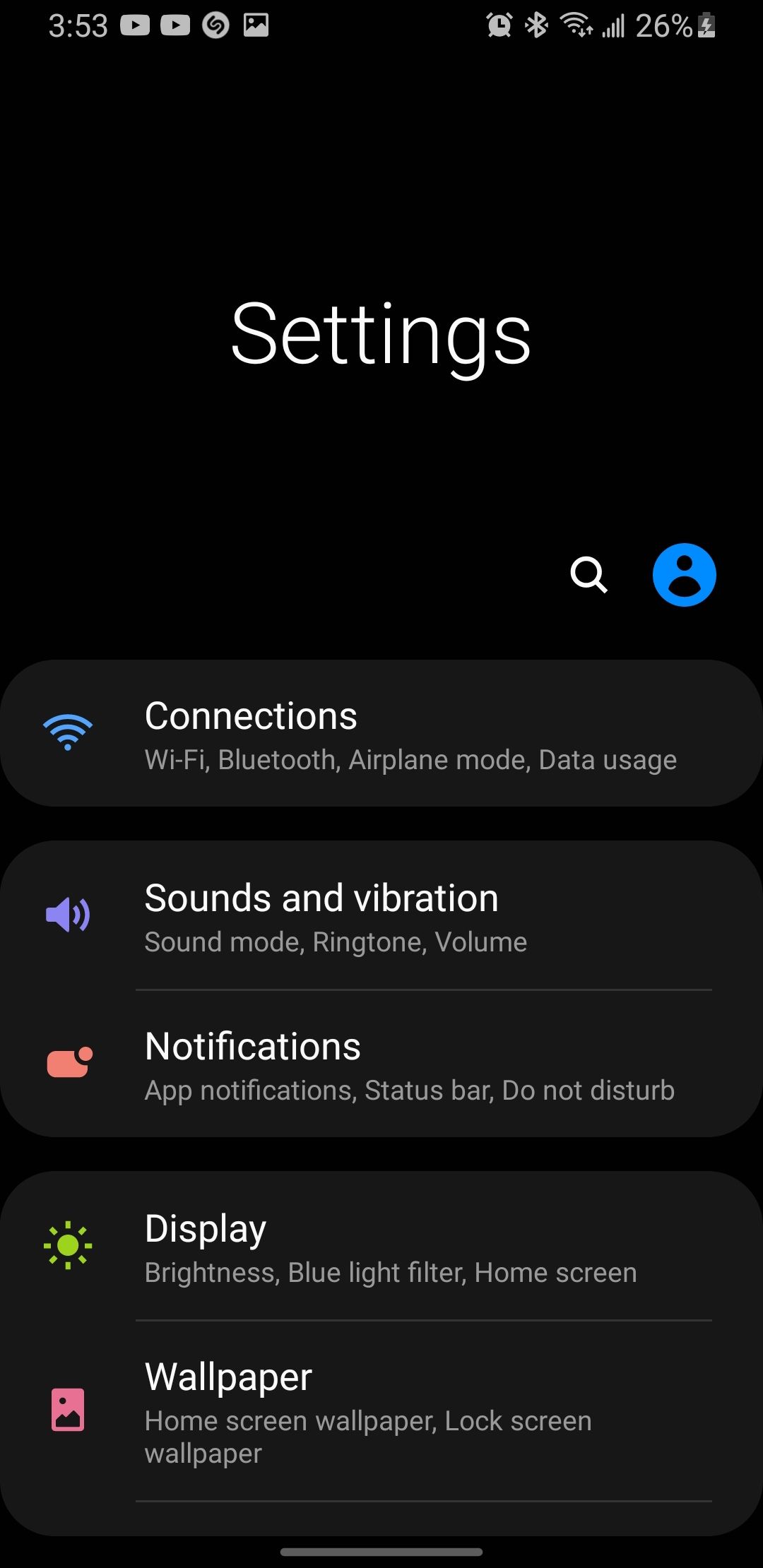 Settings page on samsung galaxy s9 