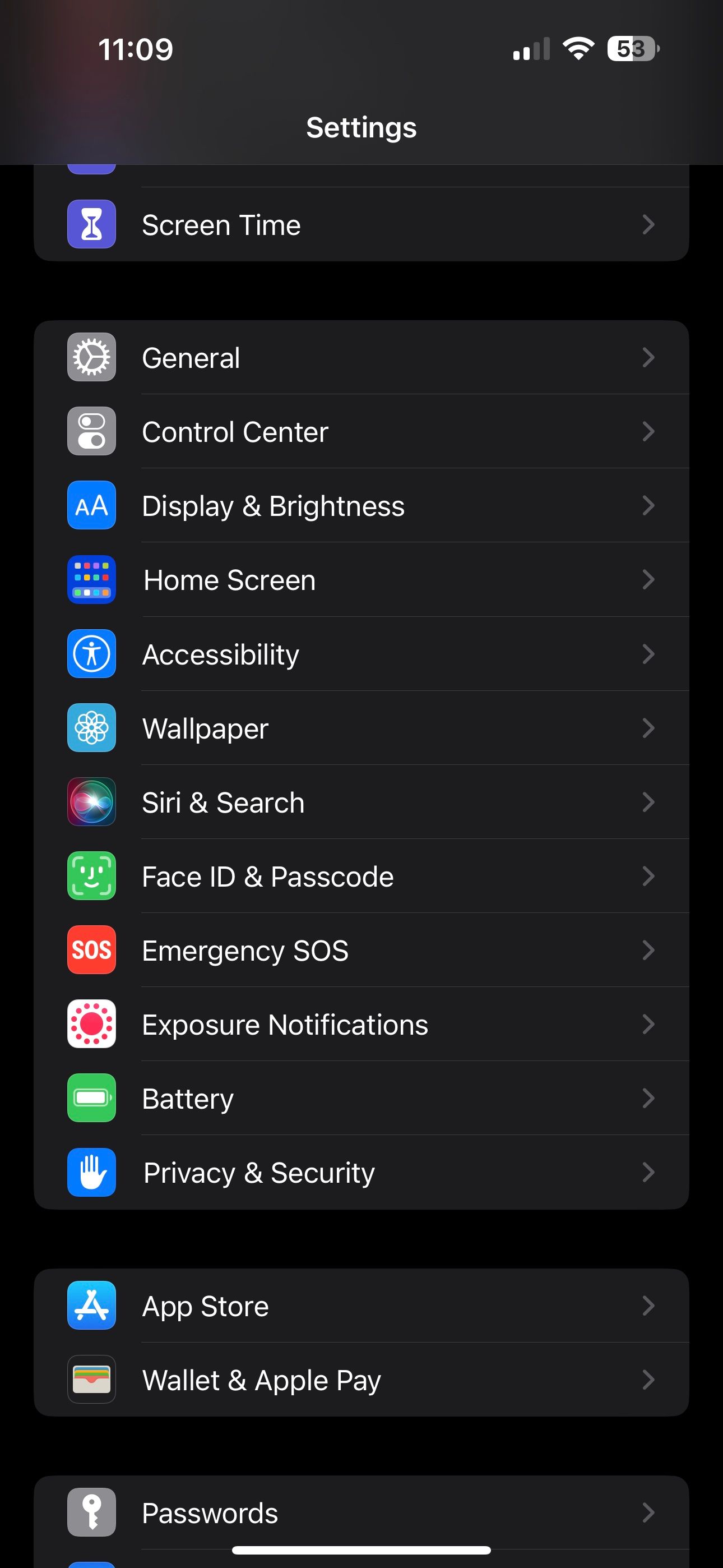 Settings page on iPhone