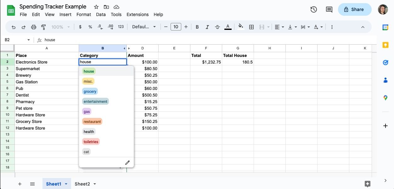 Spending tracker category list in spreadsheet software