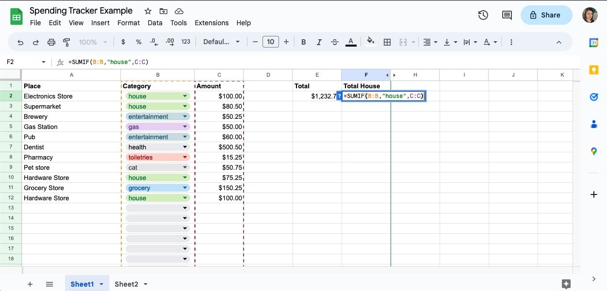 Formula spreadsheet, SUM IF, dipajang di perangkat lunak spreadsheet
