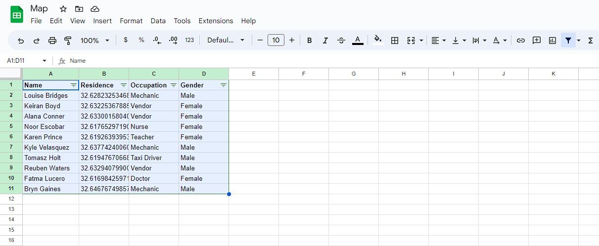 Contoh spreadsheet di Google Sheets