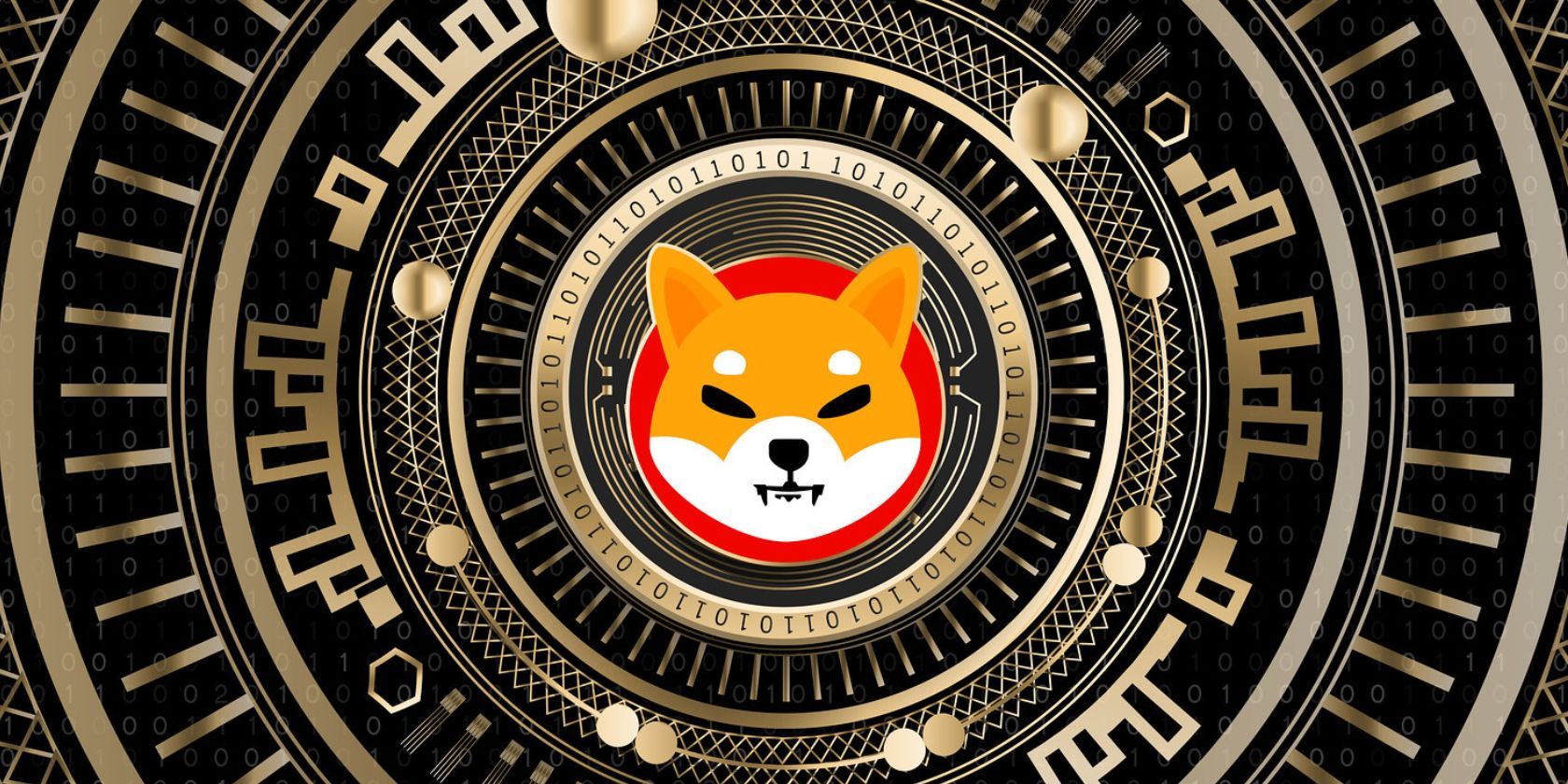 digital graphic of shiba inu logo surrounded by gold and black design