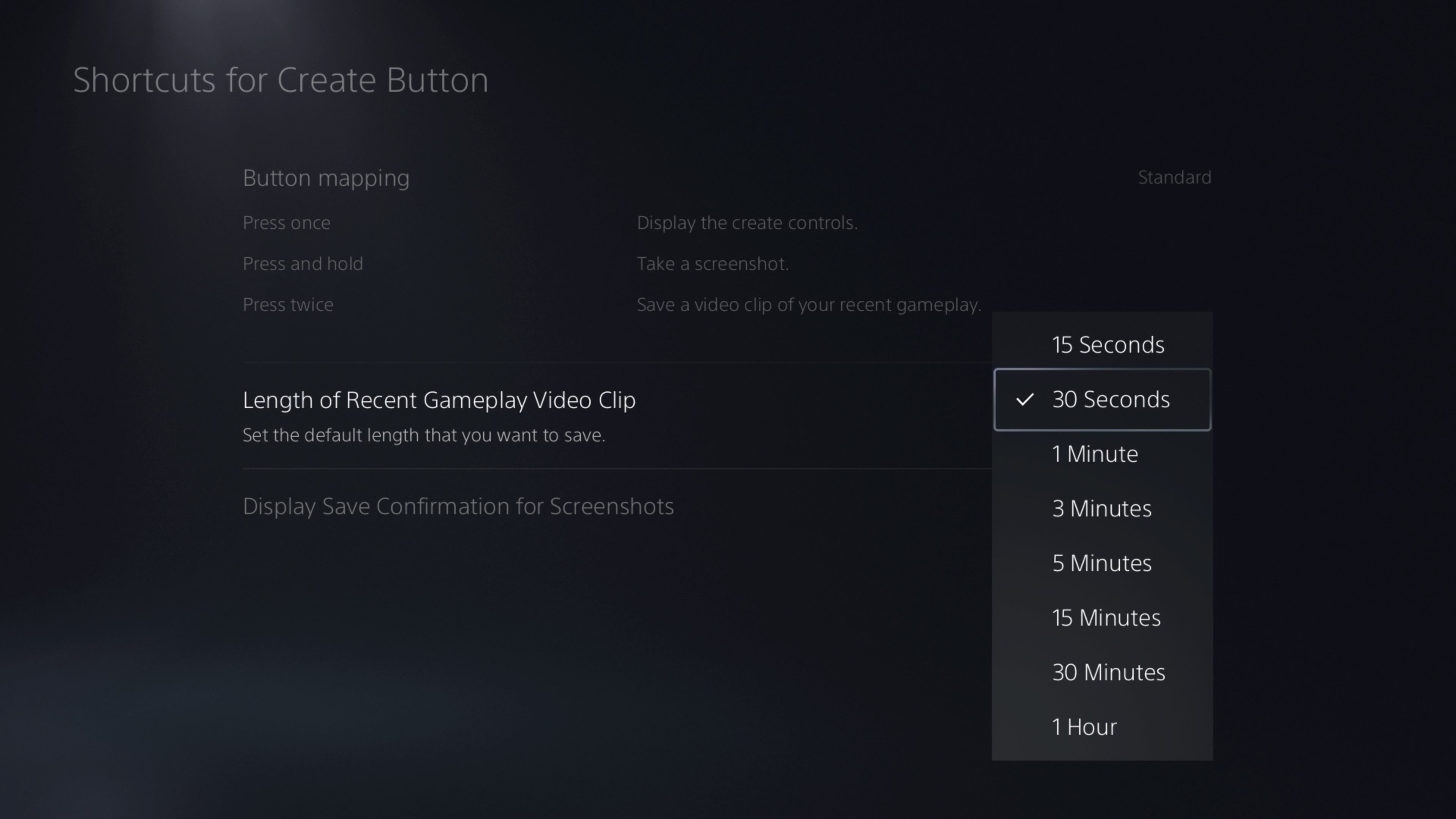 Phím tắt cho menu Nút tạo trên PS5 hiển thị độ dài clip trò chơi