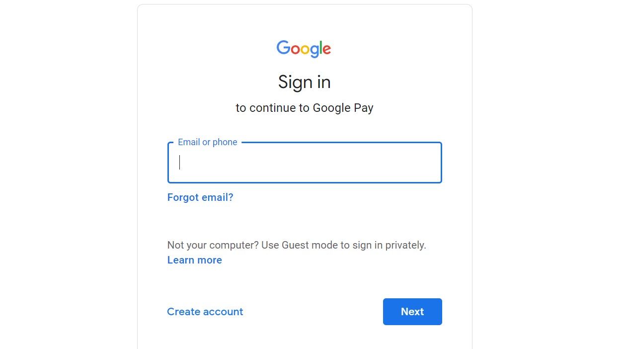 Sign in to Google Pay Page