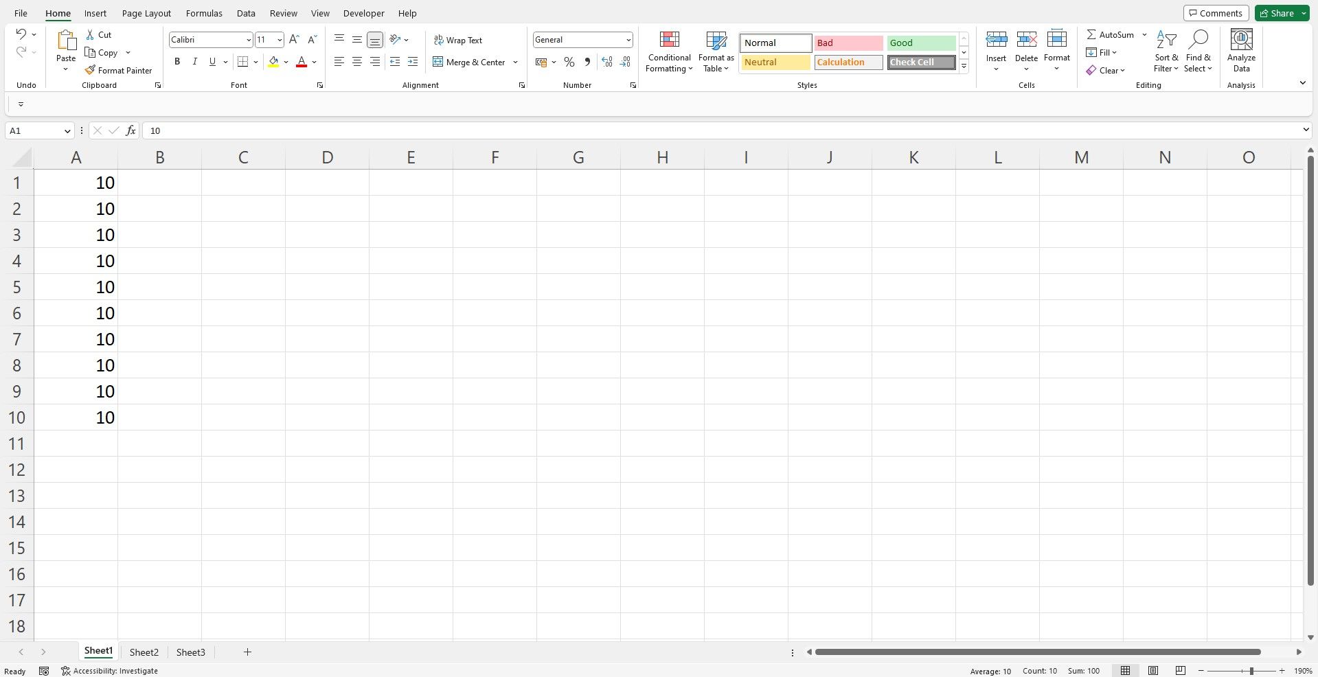 Lembar Excel dengan keluaran kolom