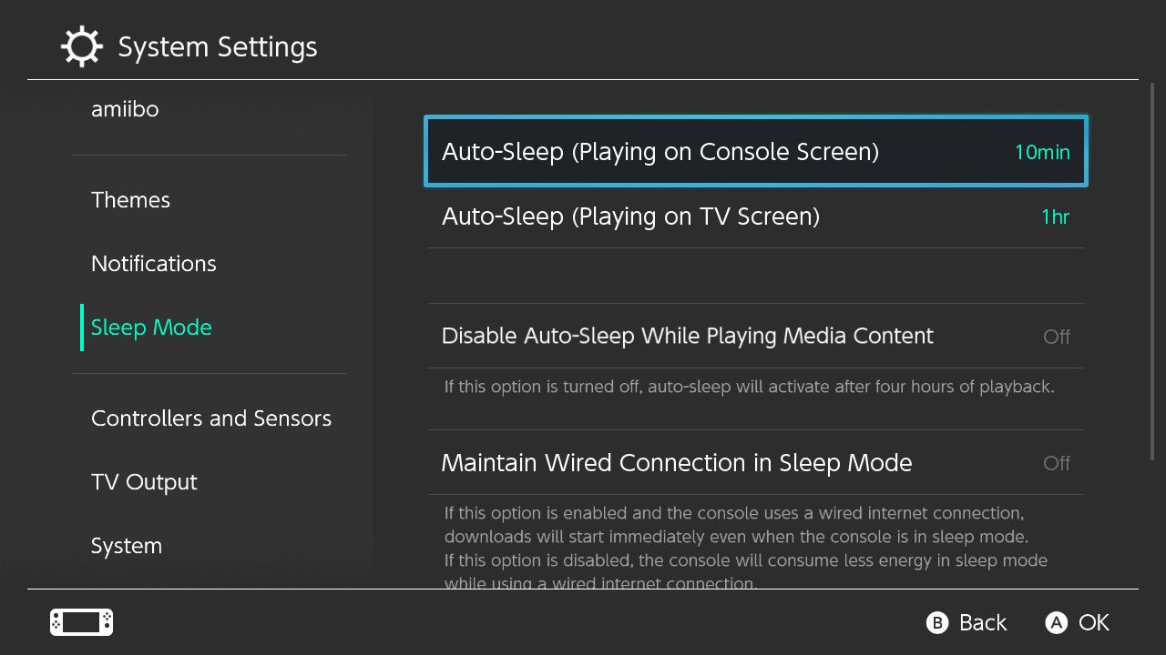 A screenshot of the Sleep Mode settings on Nintendo Switch with the options for Auto Sleep highlighted 