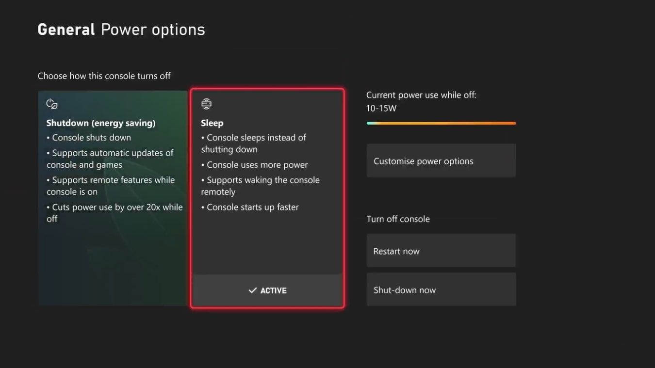 A screenshot of the Power Options for an Xbox Series X with Sleep highlighted and activated