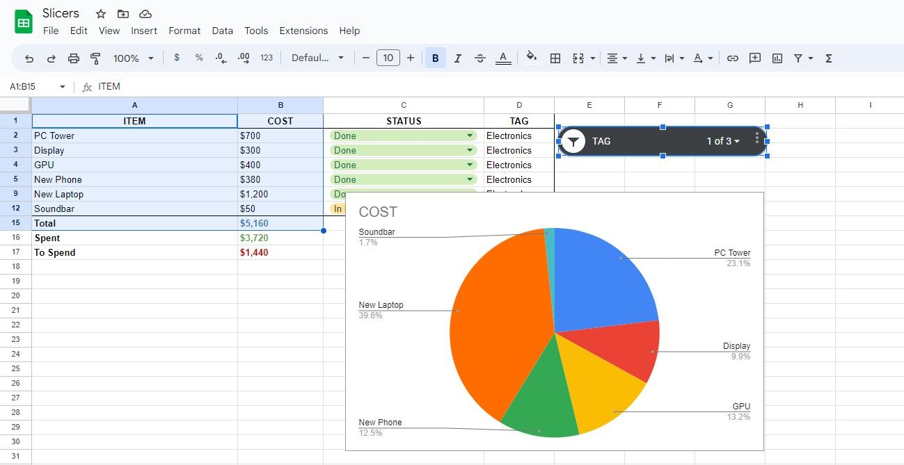 Using a slicer to filter a chart in Google Sheets