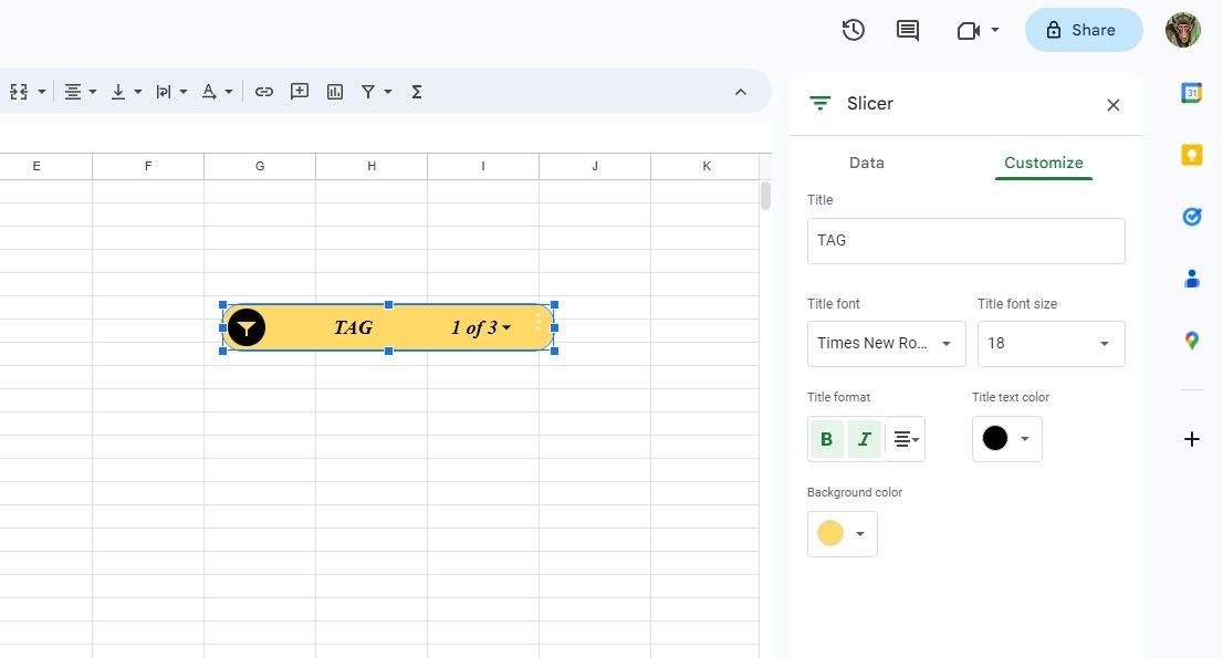 Customizing a slicer in Google Sheets
