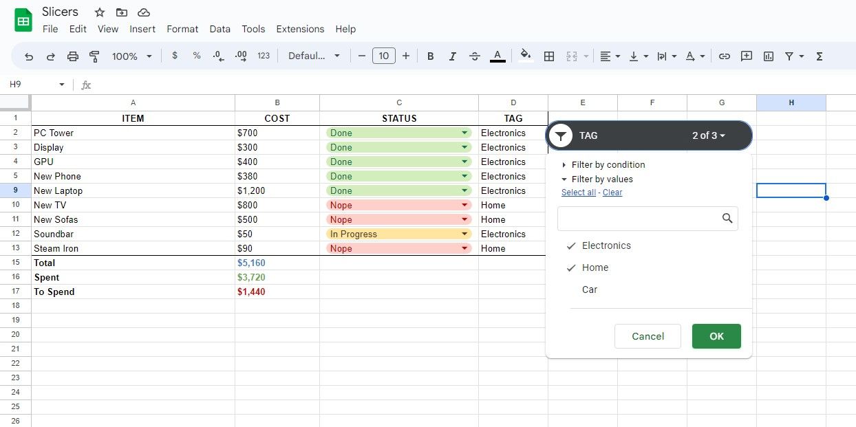 Using a slicer in Google Sheets